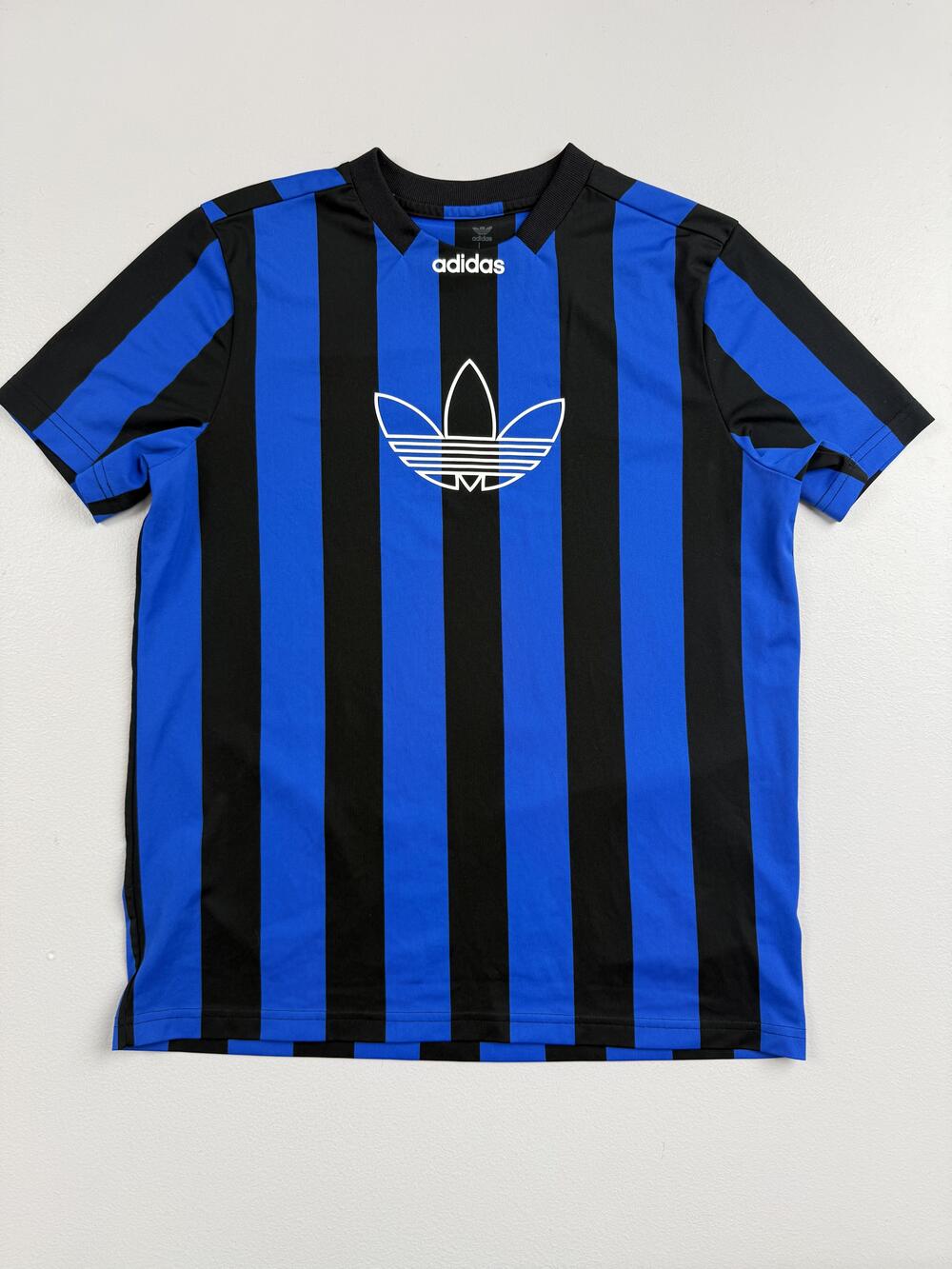 Adidas Shirt Youth Large Blue Black Striped Trefoil Graphic Tee Sports Soccer